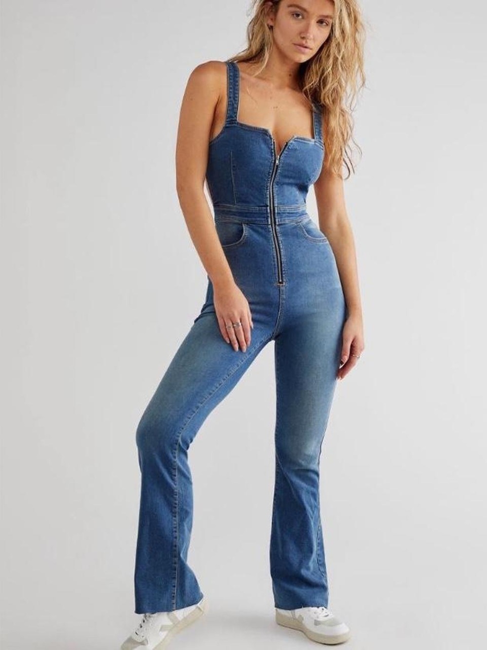 Free People Blue Zip-Front Flare Denim Jumpsuit